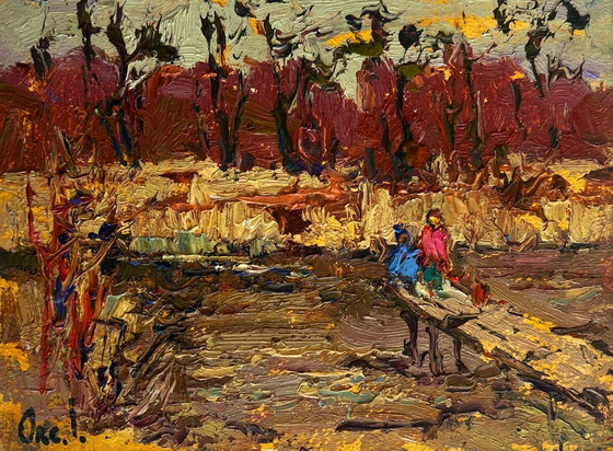 Image 1 of Original Oil Painting Autumn River Landscape On the autumn river