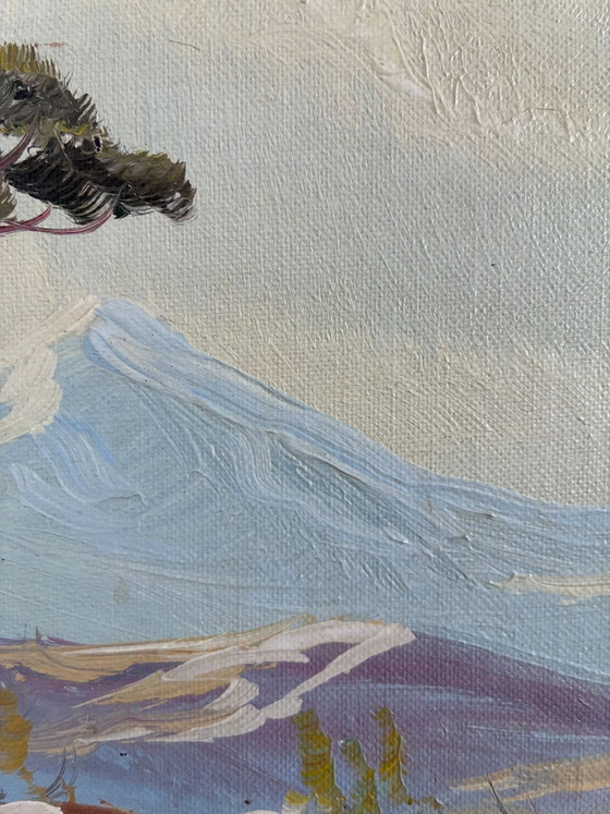 Image 1 of Peinture à l'huile originale vintage représentant un paysage de montagne et de rivière, encadrée