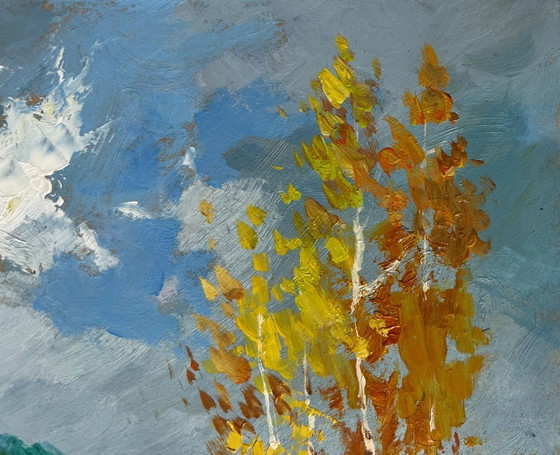 Image 1 of Original Oil Painting Autumn Nature Landscape Autumn trail with fallen leaves