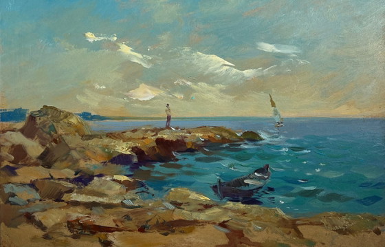 Image 1 of Original Oil Painting Coastal Landscape Admire the sunset at sea