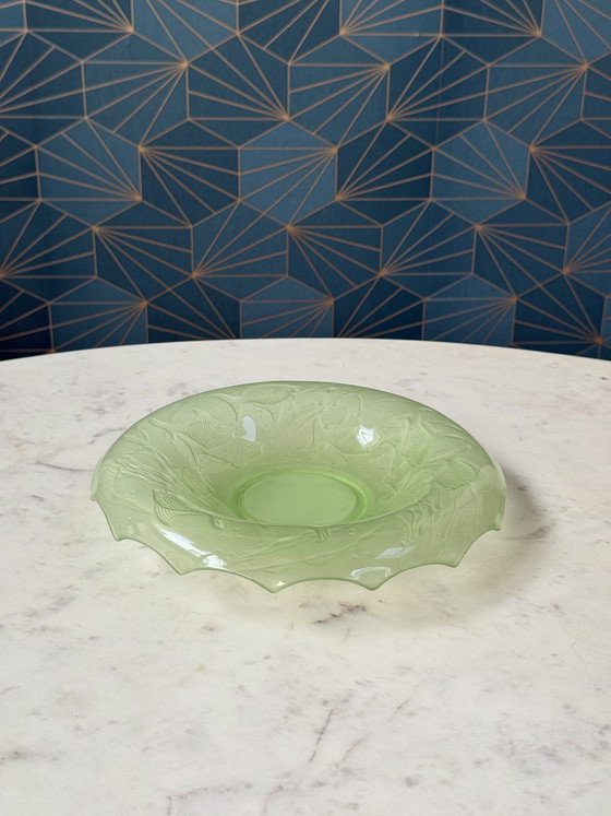 Image 1 of August Walther & Söhne “Arabella” Uranium Glass Centerpiece Bowl – Art Deco Fish Decor – 1930s Germany