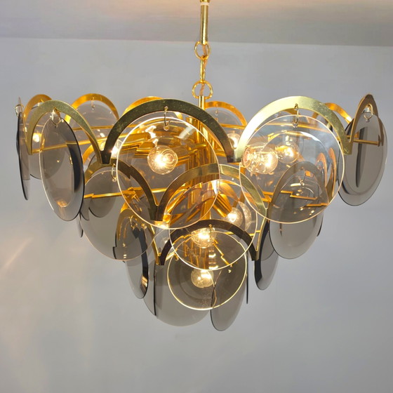 Image 1 of Vistosi XL Kronleuchter, Rauchglas, Messing, italienisches Design der 70er Jahre