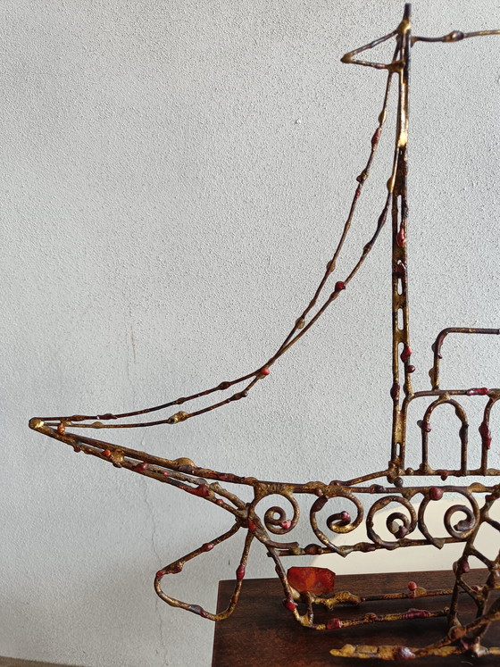 Image 1 of Signed Marcello Fantoni Brutalist Metal Steamboat Sculpture, Italy 1960s