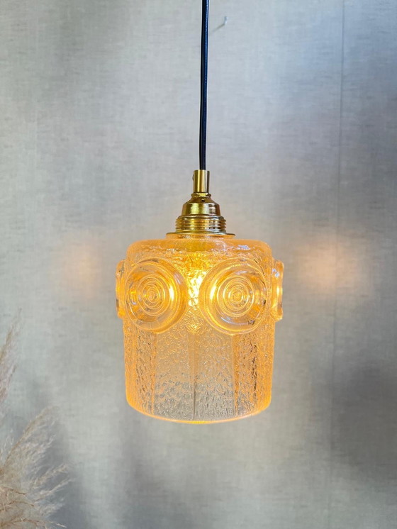 Image 1 of 1970 Lampe pendante en verre ambré, montage en or