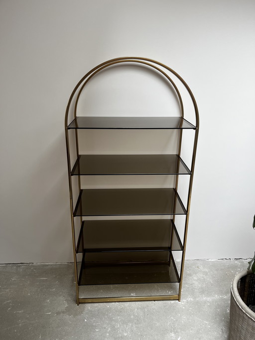 Vintage brass open display case with smoked glass