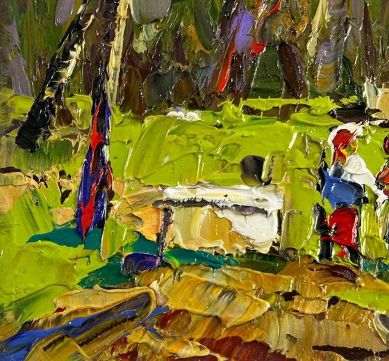 Image 1 of Original Oil Painting Evening Village Landscape Neighbors in the summer garden