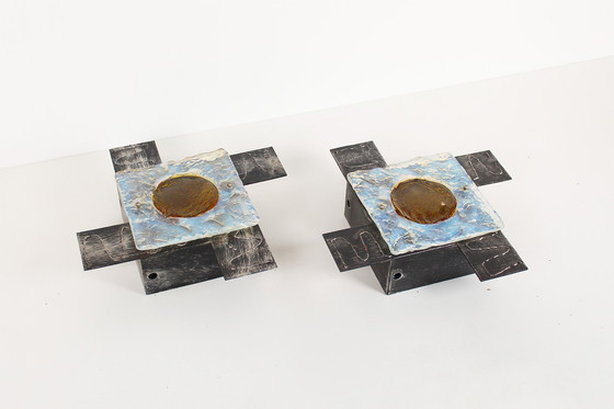 Image 1 of 2x Brutalistischer Wandleuchter aus Glas aus den 1960er Jahren von Tom Ahlström und Hans Ehrlich