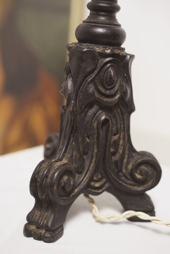 Image 1 of Vintage Carved Wood Barley Twist Lamp with Hand Embroidered Floral Shade and Acanthus Leaf Tripod Feet