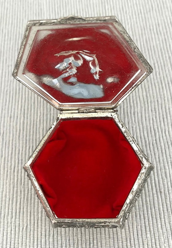 Image 1 of Antique, beautifully decorated silver-plated storage box/jewelry chest. Made in England.