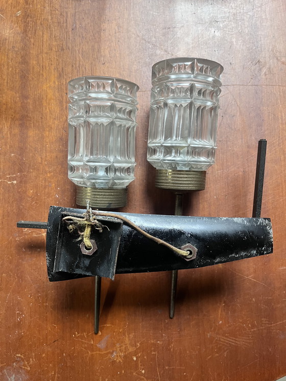 Image 1 of Lot de 2 Paires d'Applique en Verre, Laiton et Métal Laqué Noir, 1950