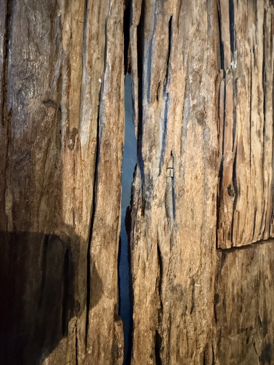 Image 1 of Wooden (ship's wood treated) dining table with stainless steel base