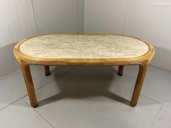 Image 1 of Vivai del Sud rattan and travertine dining table, Italy, 1960s
