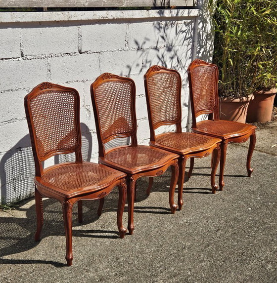 Image 1 of 4 French Vintage Cane Dining Chairs - Cottage Chairs - Style Louis XV - 80s
