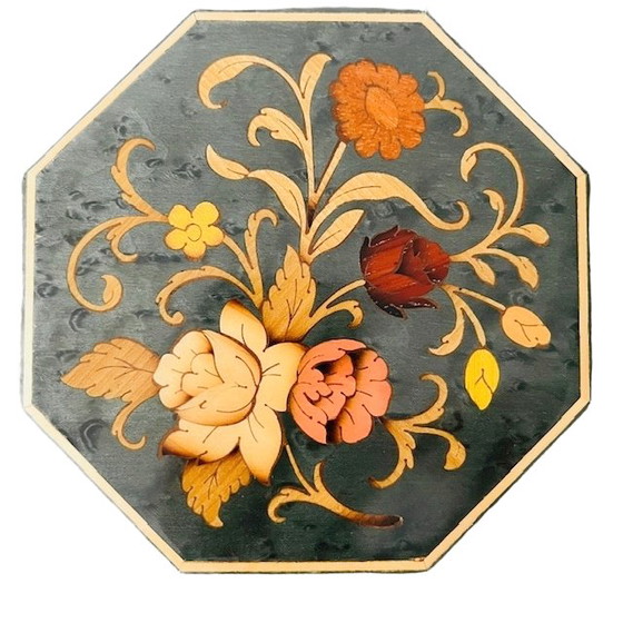 Image 1 of Carillon vintage MAPSA portagioie in legno intarsiato con fiori verdi Sorrento anni '60