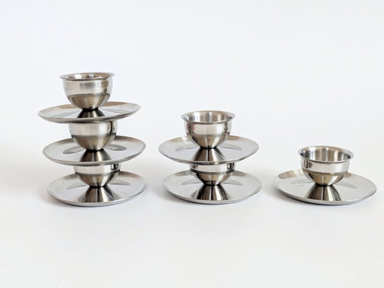 Image 1 of Set of 6 Vintage Polaris Norway Stainless Steel Egg Cups, Scandinavian Tableware