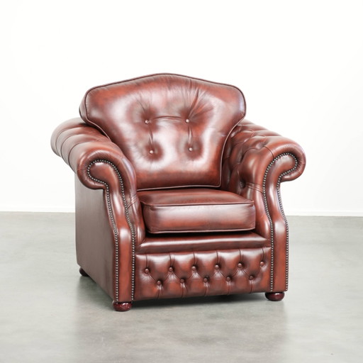 Einzigartiger Chesterfield-Sessel aus Rindsleder in warmer brauner Farbgebung, verziert mit Ziernägeln