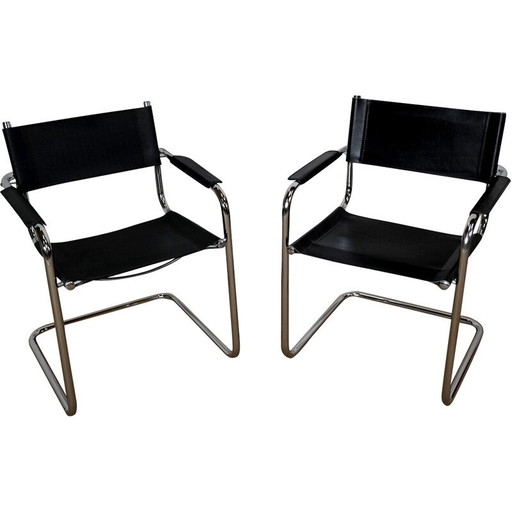 Coppia di poltrone vintage in metallo cromato con seduta e schienale in pelle nera di Marcel Breuer, Ungheria, anni '70
