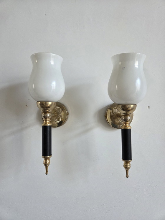 Image 1 of Pair of torch-style wall sconces, 1950s-60s
