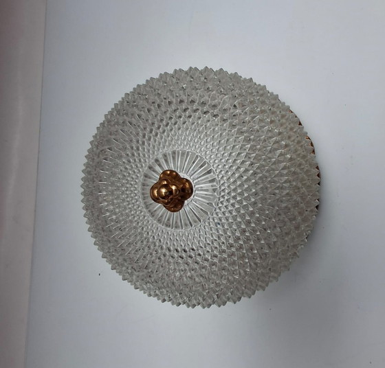 Image 1 of Vintage 1950, 1960, 1970 Limburg Crystal Glass & Brass Ceiling Light - Art Deco Flush Mount
