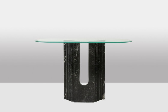 Image 1 of Pair of marble and glass top console tables. 1980s.
