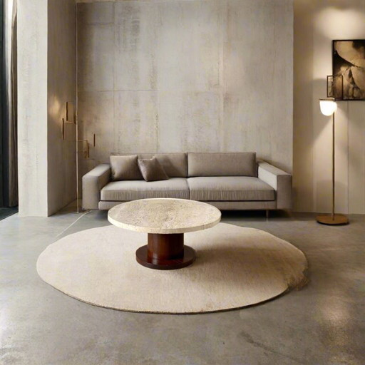 Runder Couchtisch aus Travertin mit Holzgestell | Italien, 1970 | Mid-Century Modern