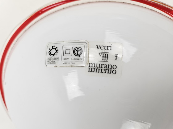 Image 1 of Ceiling or wall lamp by Leucos Italian milk glass discus model with red rim