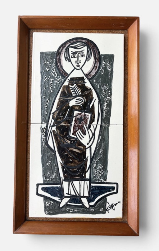 Tapisserie murale en céramique du milieu du siècle, années 1960, figure religieuse signée, vintage – schilderijen tekeningen