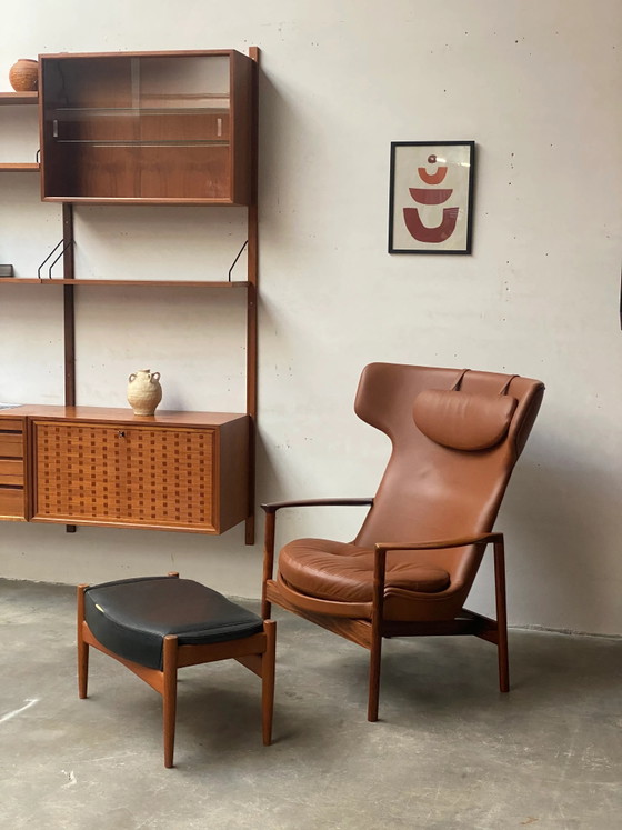 Cognac Leather & Wood Wingback Lounge Chair by Ib Kofod Larsen for Fröscher, 1970s – Kofod-Larsen, Armchairs (photo 26 of 26)