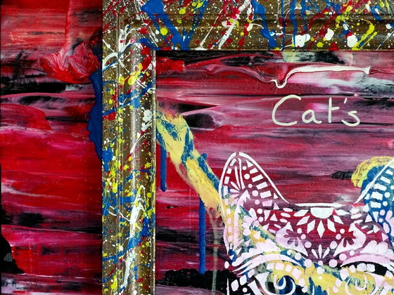 Quadro astratto con motivi di gatti e cani, CB, Dipinti e disegni, Legno, MDF, Rosso, Abstract (foto 3 di 15)