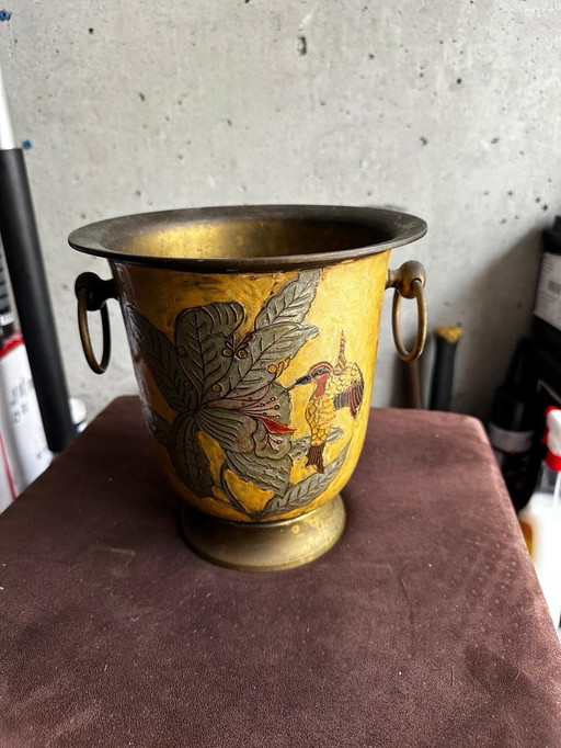 Seau à Champagne/Seau à Champagne Cloisonné, Émail Laqué sur Cuivre Jaune. Motif Colibri avec Fond Émaillé Abricot/Or