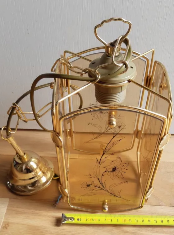 Image 1 of Prachtige Vintage Glas en Goud Metalen Hanglamp