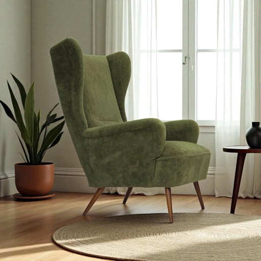 Années 60, design scandinave, fauteuil à dossier haut, meuble en velours, pieds en bois de hêtre.