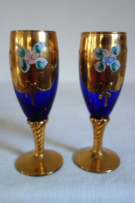 6 bicchieri da aperitivo Murano blu cobalto e oro vintage, Bicchieri e caraffe (foto 5 di 11)