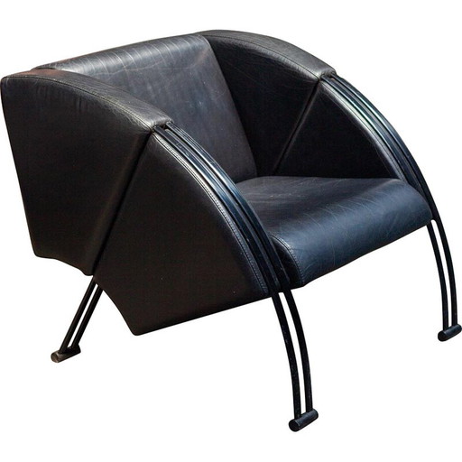 Fauteuil vintage en métal noir et cuir noir, 1980