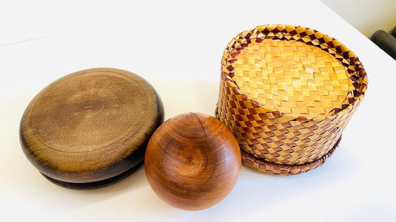 Image 1 of 3 boites bois et paille vintage