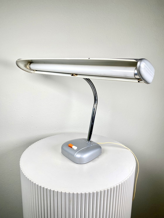 Image 1 of Vintage 1970s Industrial Piano Style Desk/Table Lamp in Grey with a Chrome Gooseneck - Mid-Century Modern Japanese Design