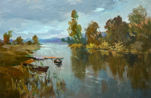 Origineel olieverfschilderij: Kustlandschap aan een rivier, met een veerboot op een lange rivier.