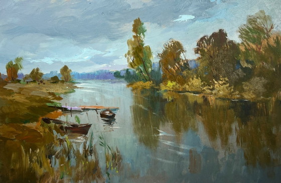 Image 1 of Dipinto ad olio originale raffigurante un paesaggio fluviale costiero con un traghetto su un lungo fiume.