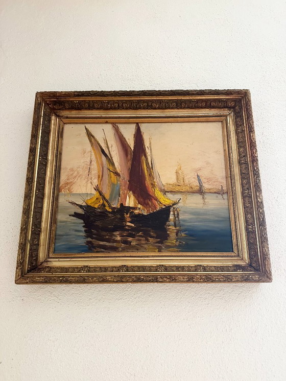 Image 1 of Sehr altes impressionistisches Ölgemälde eines Mittelmeerhafens