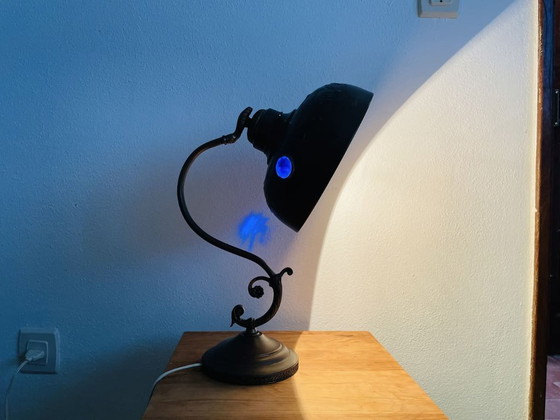 Image 1 of Art Deco Vintage Ornate Brass Table Lamp with Blue Glass Inserts, 1930s