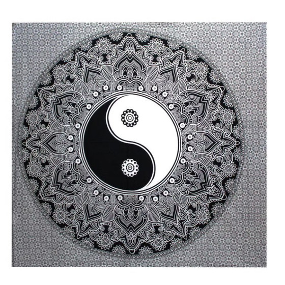Image 1 of Zwart-wit tweepersoons katoenen sprei + wanddecoratie - Ying Yang