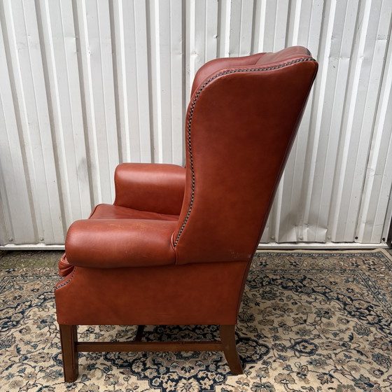 Queen Anne Style Classic English Wing Armchair – Leather, Wood (photo 4 of 5)