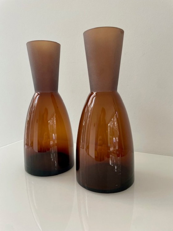 Image 1 of Set of 2 amber-colored Scandinavian design carafes / vases
