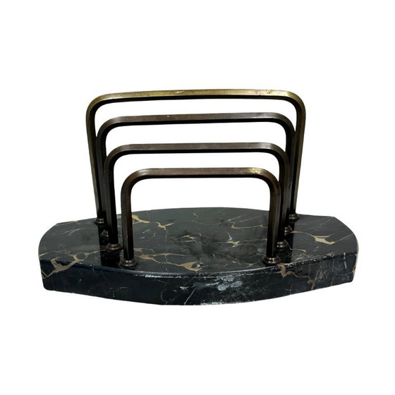 Image 1 of Art Deco Executive Desk Set: Letter Holder and Blotter – Portoro Marble and Brass – 1930s