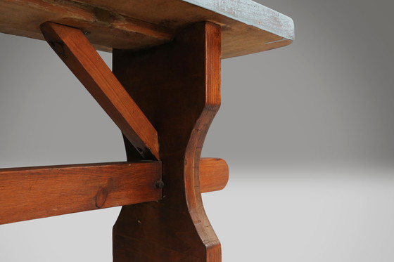 Image 1 of Banc rustique en bois Art déco avec plateau bleu, France, années 1930