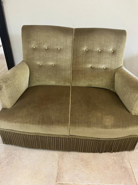 vintage double toad sofa in olive green fabric and trimmings – 2 seaters, Velvet, Art Deco (photo 4 of 15)