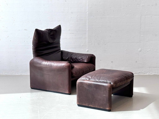 Maralunga Ledersessel mit Ottoman von Vico Magistretti für Cassina, Italien, 1970er Jahre