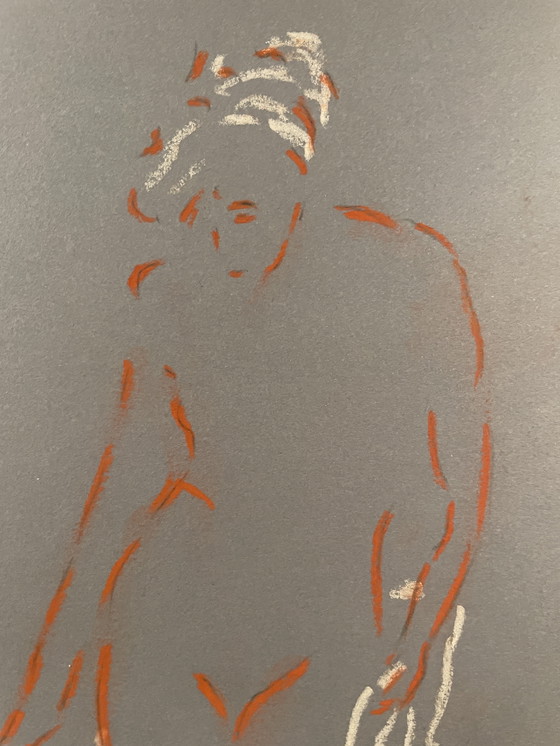 Image 1 of Tableau Signé Sanguine Pastel Blanc Papier Bleu Denim Portrait Femme Bains