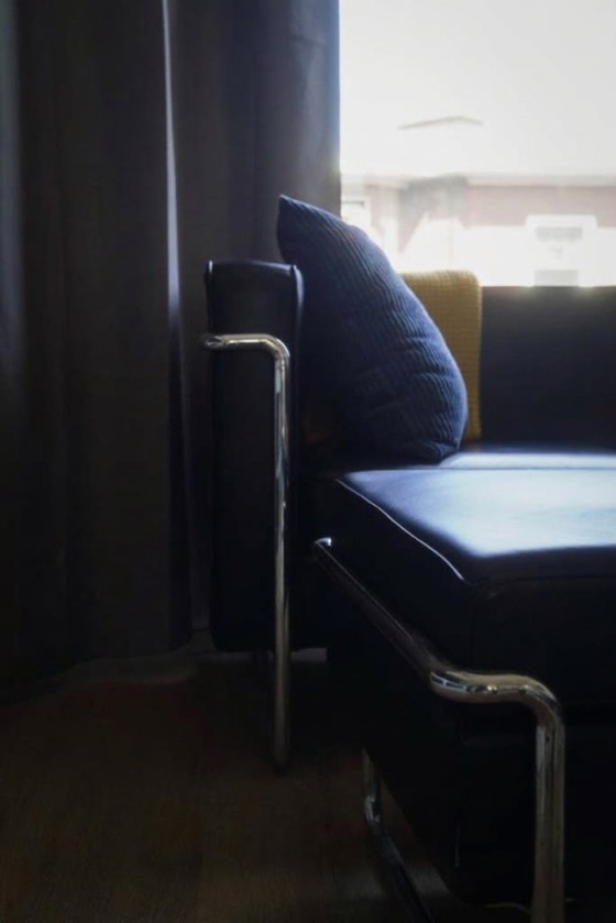 Designer sofa Marcel Olsen MO-77 with ottoman, 2 seaters, Leather, Chrome, Black (photo 4 of 5)