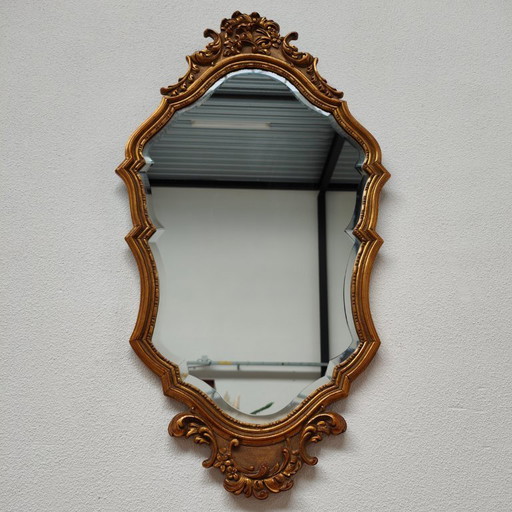 Vintage Goudkleurige Rococo Barok facet geslepen spiegel schouwspiegel 304